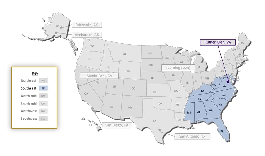 Southeast Service Region Service Area: Washington, DC, Maryland, Virginia, West Virginia, North Carolina, South Carolina, Kentucky, Tennessee, Georgia, Alabama, Mississippi and Florida