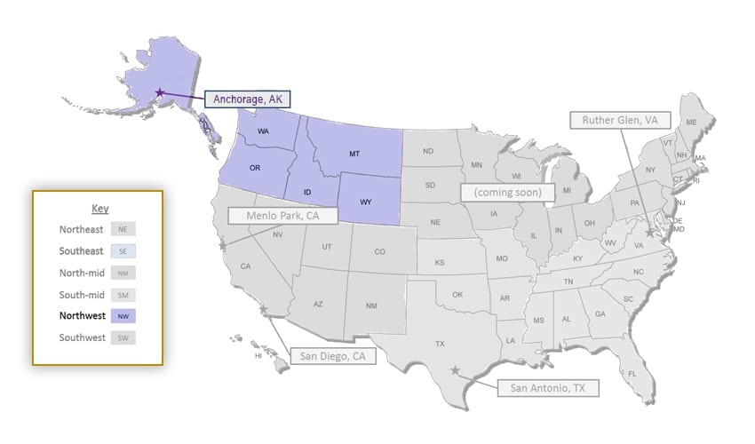 Northwest Service Region Service Area: Alaska, Washington, Oregon, Idaho, Montana and Wyoming.