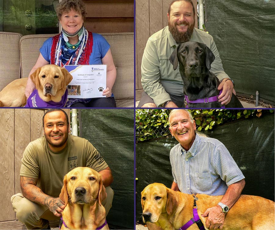 Service Dog Teams: Melissa and Reagan, Kevin and Sergeant, Carlos and Liberty, Michael and Drew