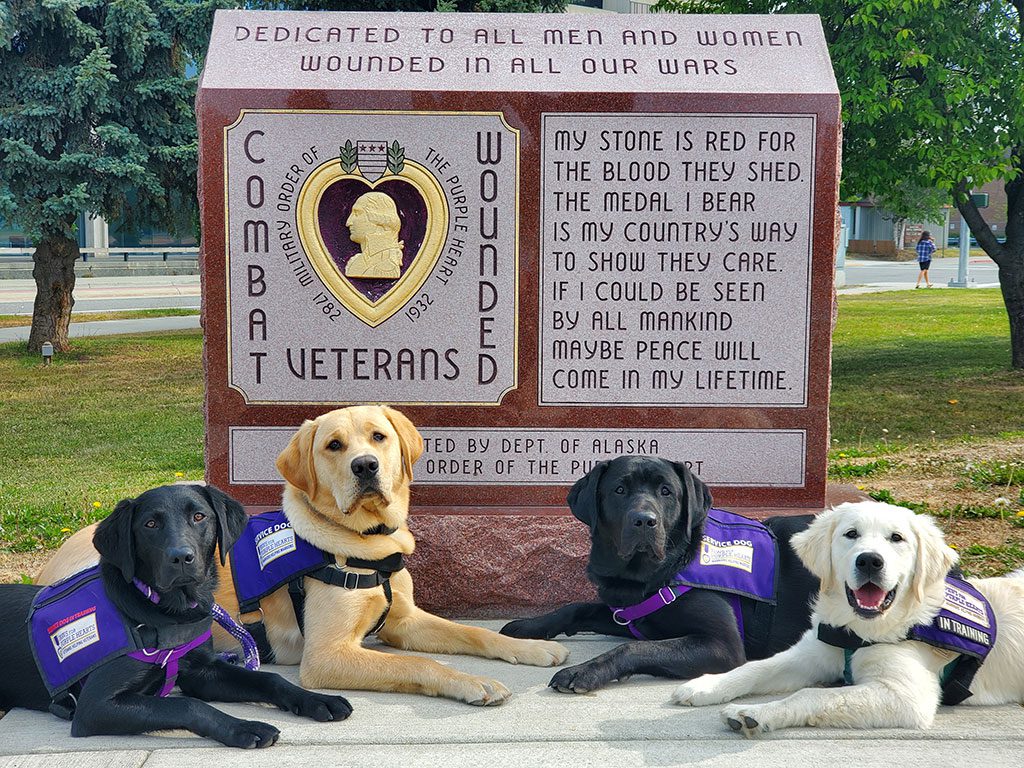 Elaine, Kreitzberg, Tanklage and Shapiro sitting in front of the Purple Heart Memorial in downtown Anchorage, AK