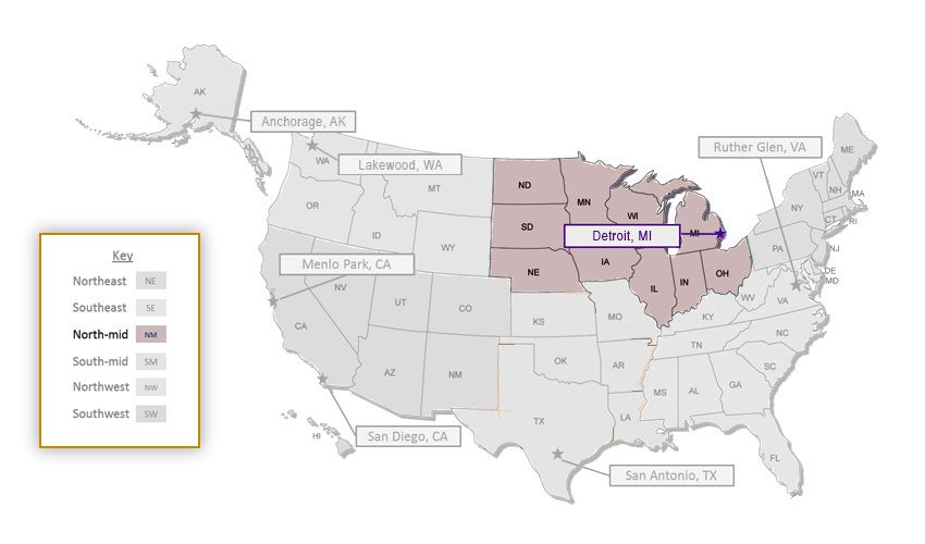 North-Mid Region Service Area: North-Mid Region: North Dakota South Dakota, Nebraska, Minnesota, Iowa, Wisconsin, Illinois, Indiana, Michigan, Ohio